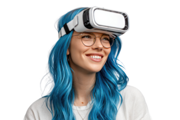Virtual Reality: A woman in stylish glasses and bright blue hair smiles radiantly while wearing a VR headset, symbolizing futuristic technology and immersive experiences. 