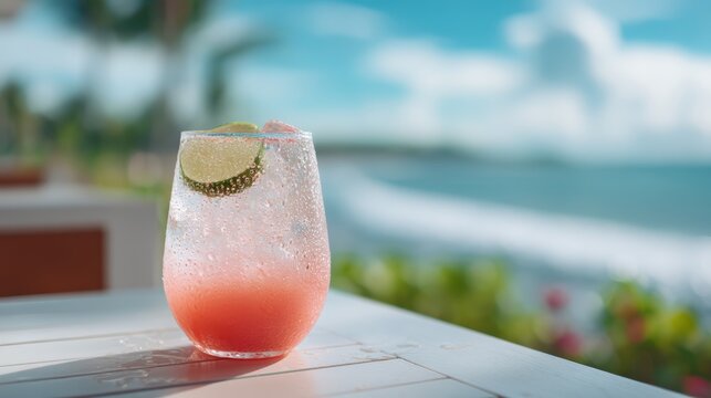 Refreshing tropical cocktail with lime slice served on a sunny day at a beach side restaurant overlooking a beautiful ocean view scene