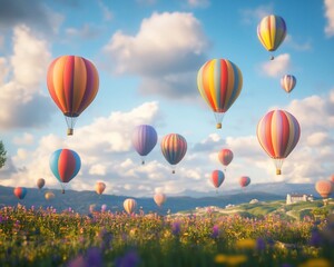 Obraz premium Colorful hot air balloons over a vibrant flower field