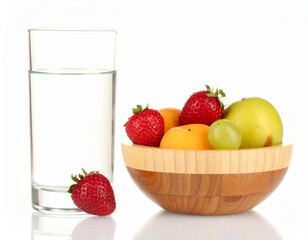 A wooden bowl filled with fresh fruits placed beside a tall glass of water.