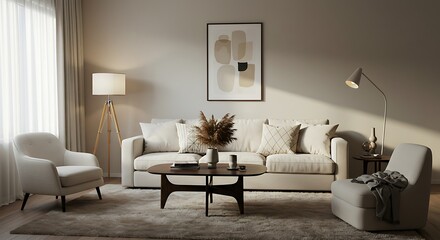 Neutral Living Room: Modern Minimalist Design with Warm Lighting