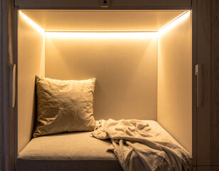 A cozy nook featuring a single pillow, soft blanket, and warm ambient lighting.