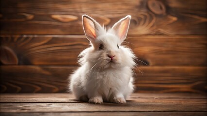 Adorable Fluffy Bunny Rabbit Sitting on Wooden Surface Soft Brown Background Stock Photo