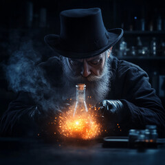Bearded alchemist in top hat conjuring fiery chemical reaction
