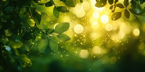 Golden sunlight filters through lush green leaves in a serene natural setting, creating a magical atmosphere during late afternoon