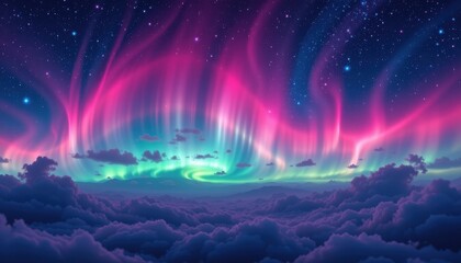 Obraz premium a luminous aurora inspired scene with wispy pink and purple clouds flowing across a starry night sky.