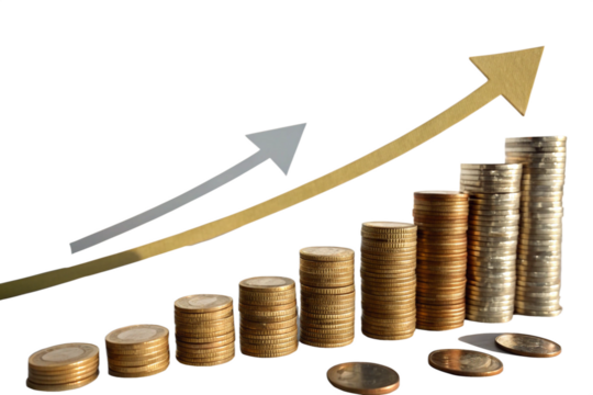 Increasing stacks of golden coins with a smooth upward green arrow, representing financial success and growth with an environmentally positive connotation, isolated on a transparent background