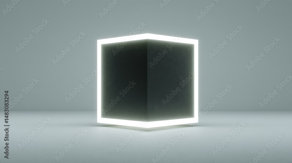Poster isometric render of an illuminated black box with glowing edges and modern design, showcasing futuri