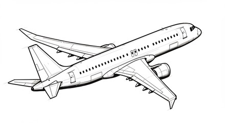 優雅に滑空する旅客機 線画イラスト 精密描写. AI Generated