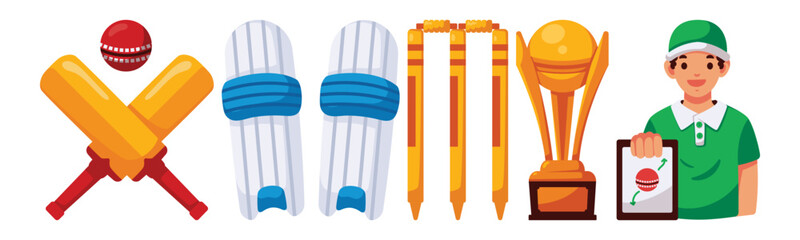 A vibrant illustration showcasing cricket equipments alongside a coach explaining the game strategy, perfect for sports related design or educational content.