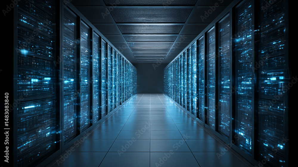 Aufkleber modern data center server room with blue digital lights technology infrastructure network web high d