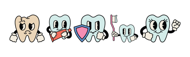 Collection of cartoon tooth characters, each with distinct personality and accessories, promoting dental health and hygiene in a playful and engaging manner.