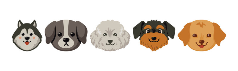 Cartoon illustration of various dog breeds with happy expressions. Great for children's books, educational materials, or playful designs.