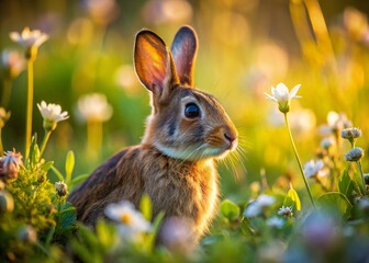 Adorable Brown Rabbit in Wildflower Meadow - Macro Photography