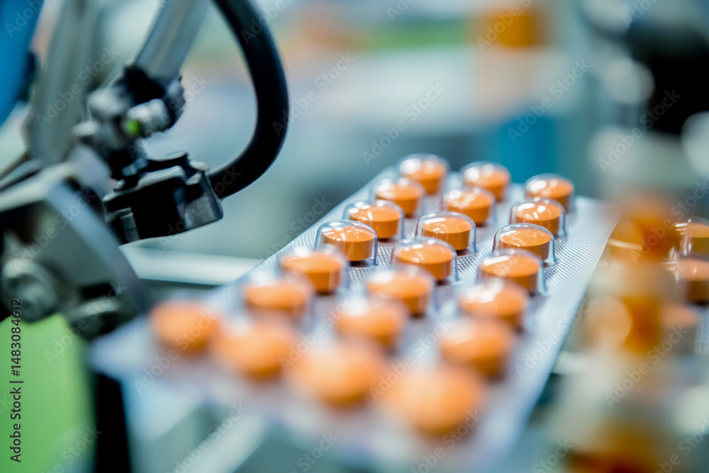 Poster modern antidepressant pills being packaged in factory generative ai