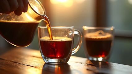 Fototapeta premium Rich Dark Coffee Being Poured from Glass Carafe into Transparent Glass Capturing Beautiful Amber Stream and Formation of Crema