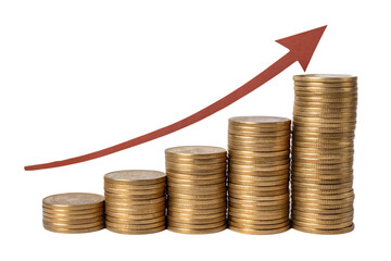 Increasing stacks of golden coins with a smooth upward green arrow, representing financial success and growth with an environmentally positive connotation, isolated on a transparent background