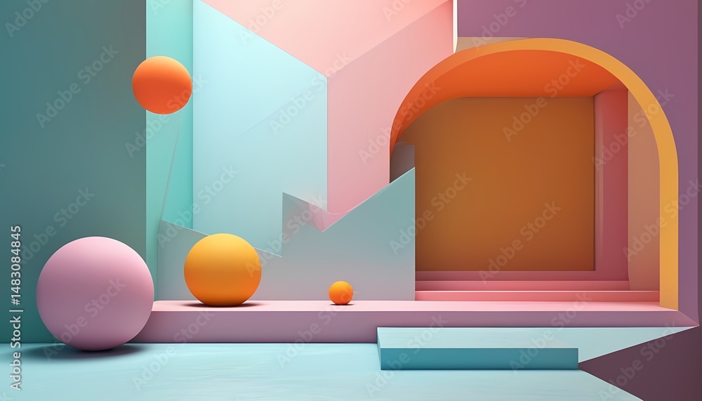 Poster dynamic abstract geometry design studio setting 3d rendering contemporary aesthetics close-up view v