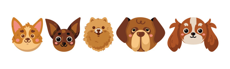 A cheerful collection of cartoon dog faces, representing various breeds, all designed in a cute, friendly, and playful style. A fun and whimsical illustration showcasing canine companionship.