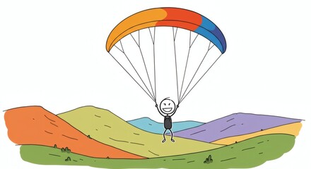 Obraz premium Person Paragliding Over Hills Illustration, Cheerful Stick Figure