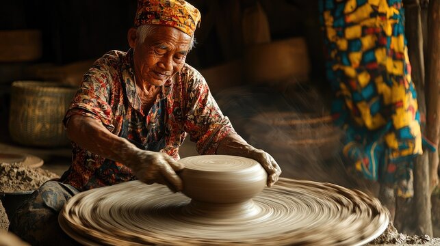 Elderly artisan meticulously shaping clay on a pottery wheel.