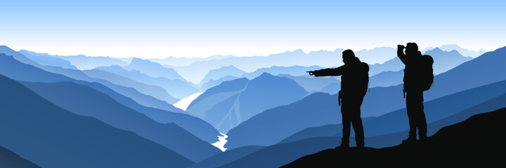 Beautiful blue vector landscape with two hikers looking at a curvy valley in Himalaya mountains.