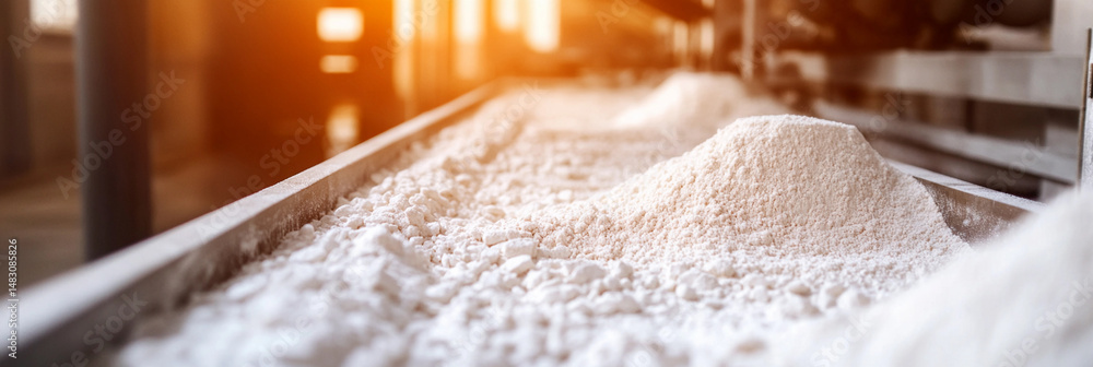 Aufkleber flour moves along conveyor in a milling factory generative ai