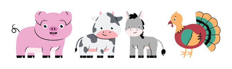 A cheerful cartoon illustration of farmyard animals including a pig, cow, donkey, and turkey, perfect for children's designs.