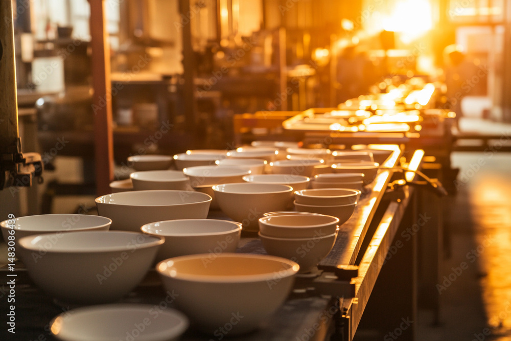 Poster Bowls Moving on Assembly Line at Tableware Factory Generative AI