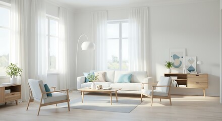Serene Minimalist Living Room: Light, Airy Design with Wooden Accents