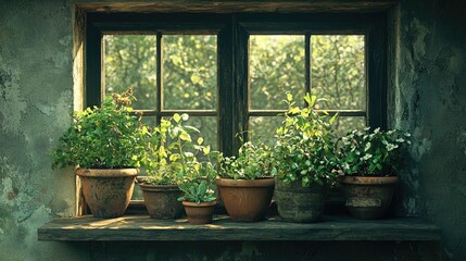 Rustic windowsill filled with potted herbs.