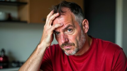 Fototapeta premium A man at home in a red T-shirt holds his forehead with his hand from a headache, with an unkempt hairstyle and looks straight into the camera