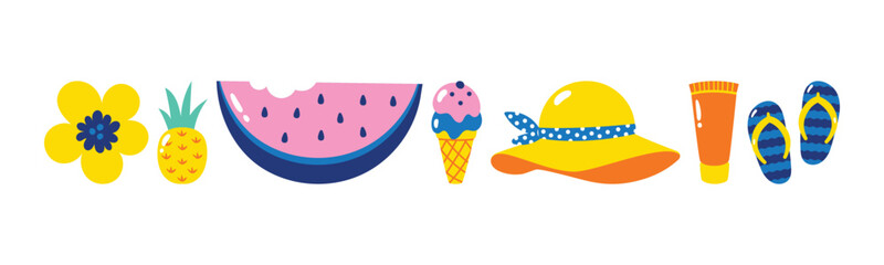Vibrant cartoon elements depicting summer holidays. Isolated icons like flower, pineapple, watermelon, ice cream, hat, sunscreen, and sandals creating a cheerful scene.