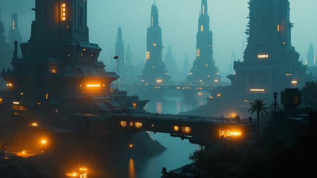 A futuristic city with a military base war bunker in the foreground