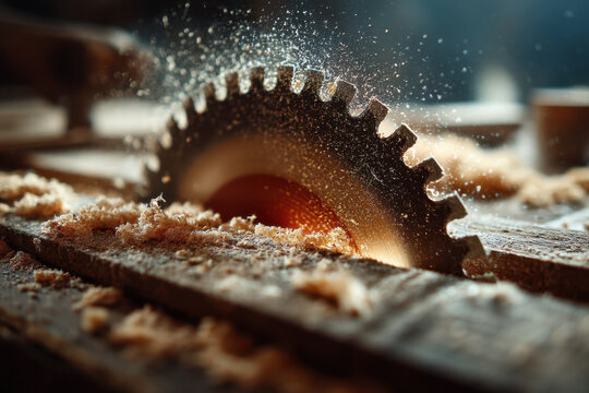 Woodworking machine cutting wood with a circular saw.