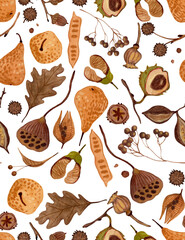 Seamless Autumn Botanical Pattern – Hand-Painted Gouache Leaves and Seeds - PNG - transparent background 