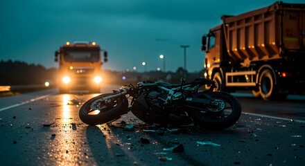 Crashed Motorcycle Wreckage on Wet Asphalt Road at Night Near Construction Truck and Forest Background with Dim Yellow Streetlights