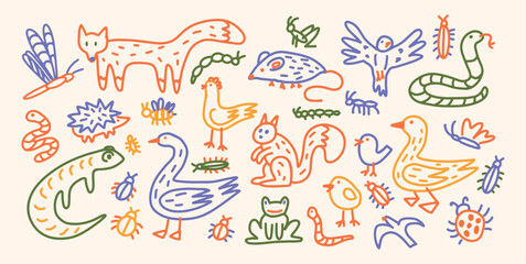 Set of hand-drawn doodles in childlike style. Birds, squirrel, snake and fox, animals, insects, worms, caterpillars and frogs. Vector illustration for banner, social media, posters and marketing