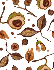Seamless Autumn Botanical Pattern – Hand-Painted Gouache Leaves and Seeds - PNG - transparent background 