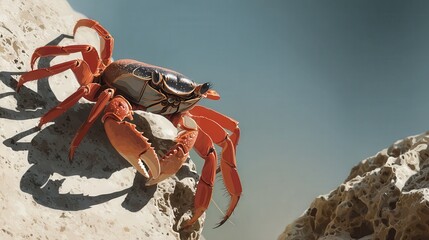 Fototapeta premium Crab climbing over rock edge coastal shoreline wildlife photography natural habitat low angle shadow play
