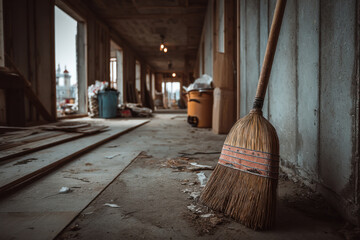 Broom on floor in abandoned building.