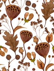 Seamless Autumn Botanical Pattern – Hand-Painted Gouache Leaves and Seeds - PNG - transparent background 