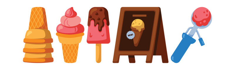 A colorful illustration featuring various types of frozen desserts, including ice cream cones, popsicles, and a scoop. Suitable for menus, shops, or summer-themed designs.