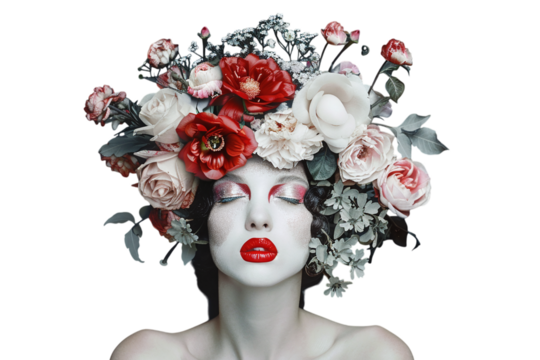 Portrait of a Woman with Bold Makeup and Flower Headpiece Varient 1