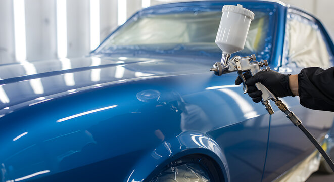 Detailed Car Spray Painting Process with a Blue Finish in a Bright Automotive Workshop - Powered by Adobe