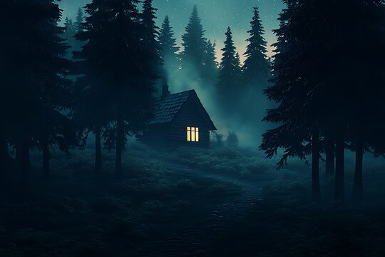 Misty forest cabin at night - Powered by Adobe