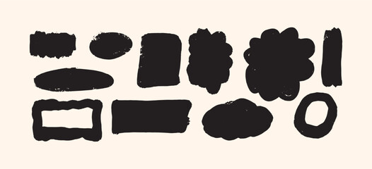 Set of Grunge Hand Drawn Brush Shapes. Rectangles, Ovals, Clouds, Blobs, Frames. Rough Crayon Ink Texture Elements. Vector Illustration for Sticker, Background, Label, Highlight