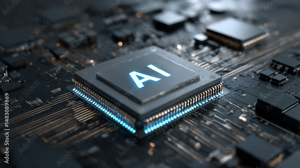Poster advanced ai processor chip on circuit board technology innovation digital future artificial intellig