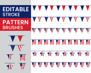 USA Patriotic Bunting Banner Brushes Set, Editable Stroke American Flag Garland Design, 4th of July Stars and Stripes Pattern Brush Pack