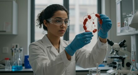 Scientist examines biological model in lab